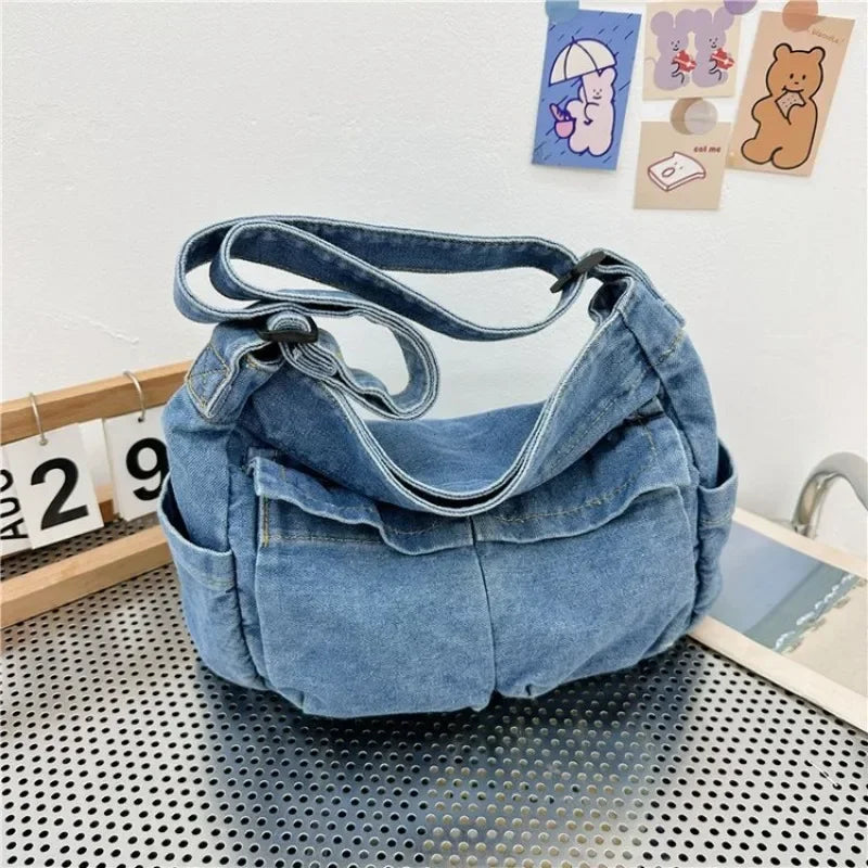 Denim top-handle handbag