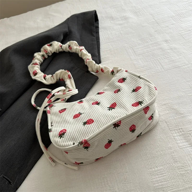 corduroy handbag with strawberry print