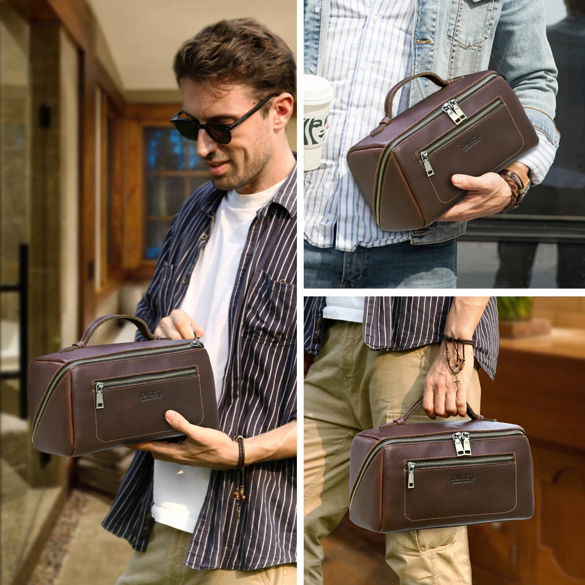 Leather travel toiletry bag