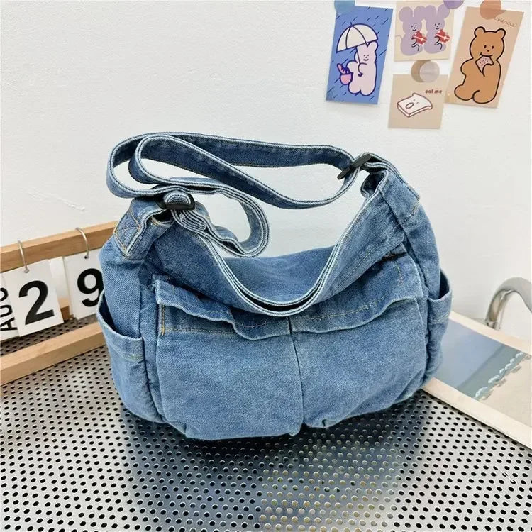 Denim top-handle handbag