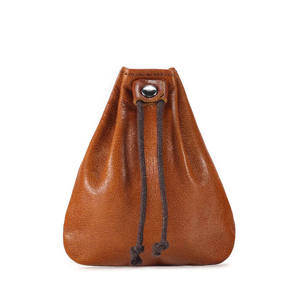 Compact drawstring pouch in leather