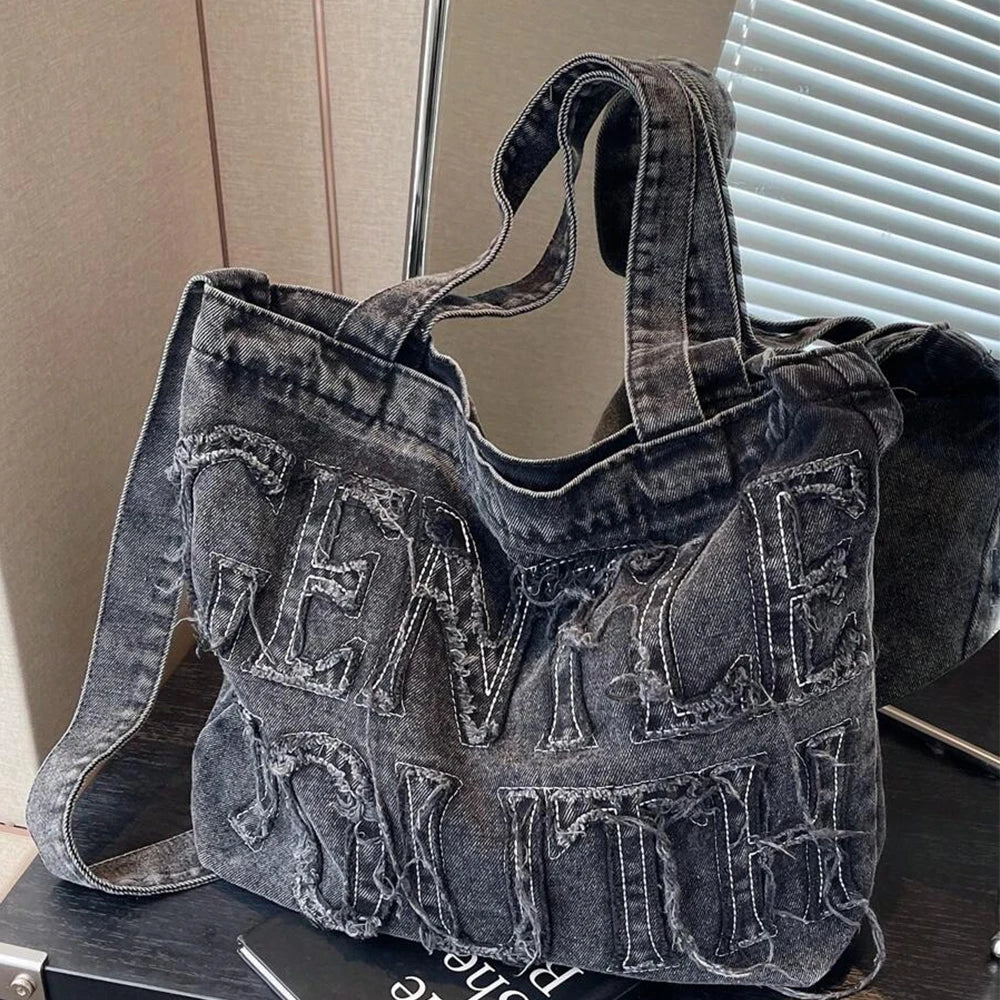 Foldable denim tote bag