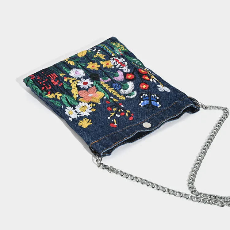 Embroidered floral denim shoulder bag