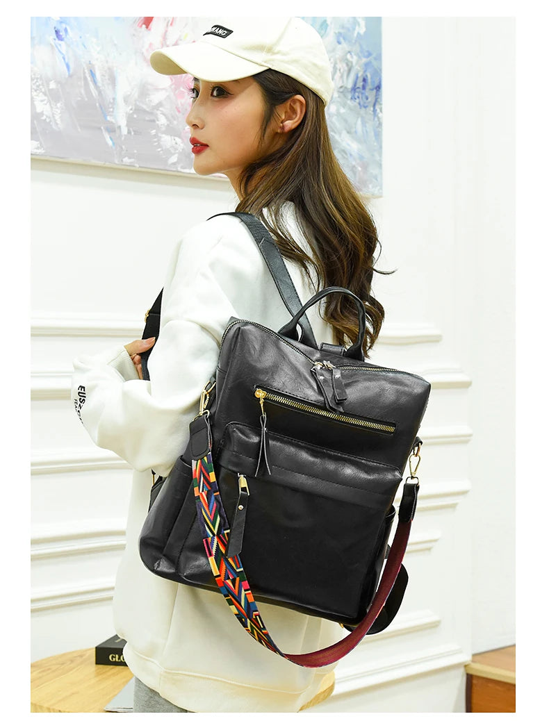 Large capacity leather knapsack