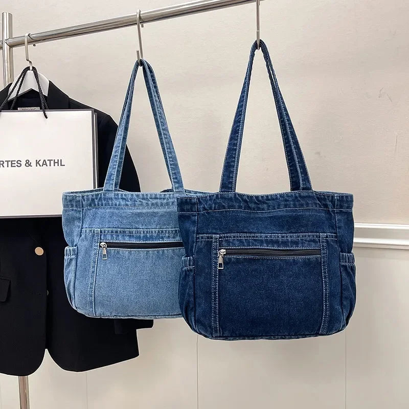 Denim tote bag with front pocket