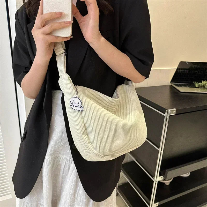 Corduroy handbag with adjustable shoulder strap