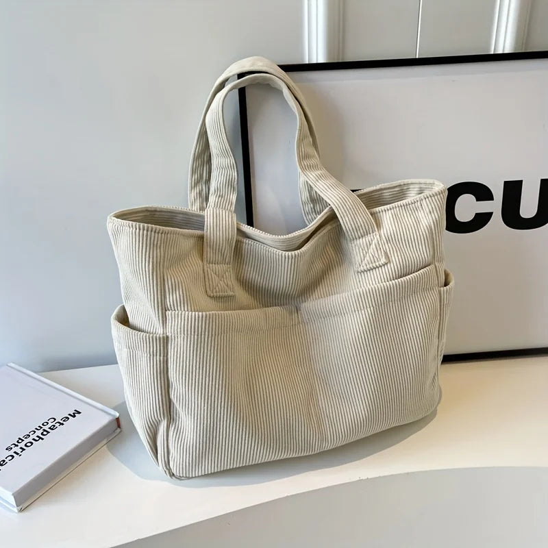 Large corduroy shoulder tote bag with multiple pockets