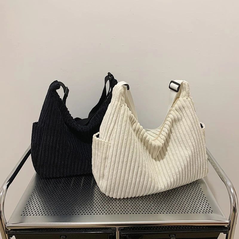 Versatile corduroy handbag with shoulder strap