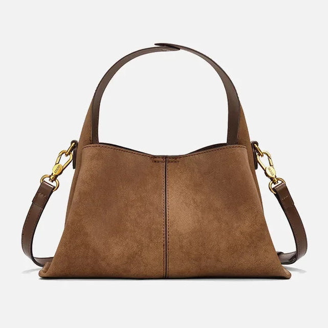 Suede handbag with rounded handles and zip closure