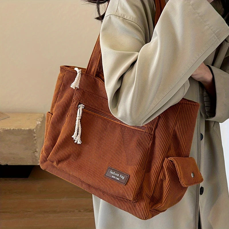 Classic corduroy tote bag with external pockets