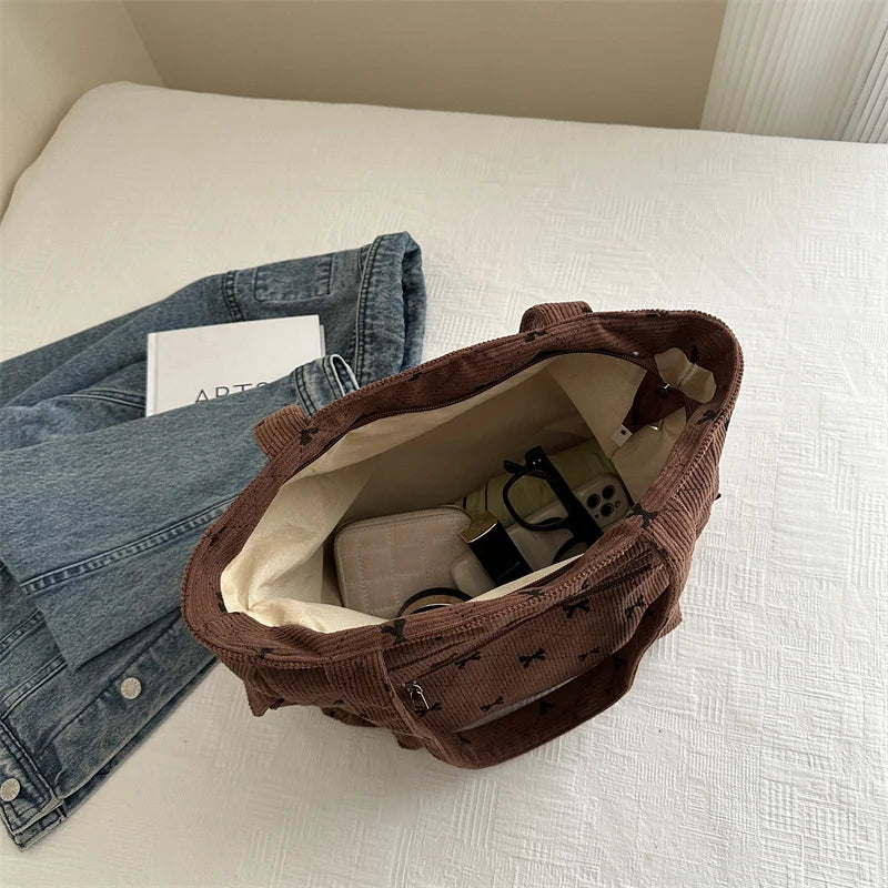 Bow pattern corduroy tote bag for women