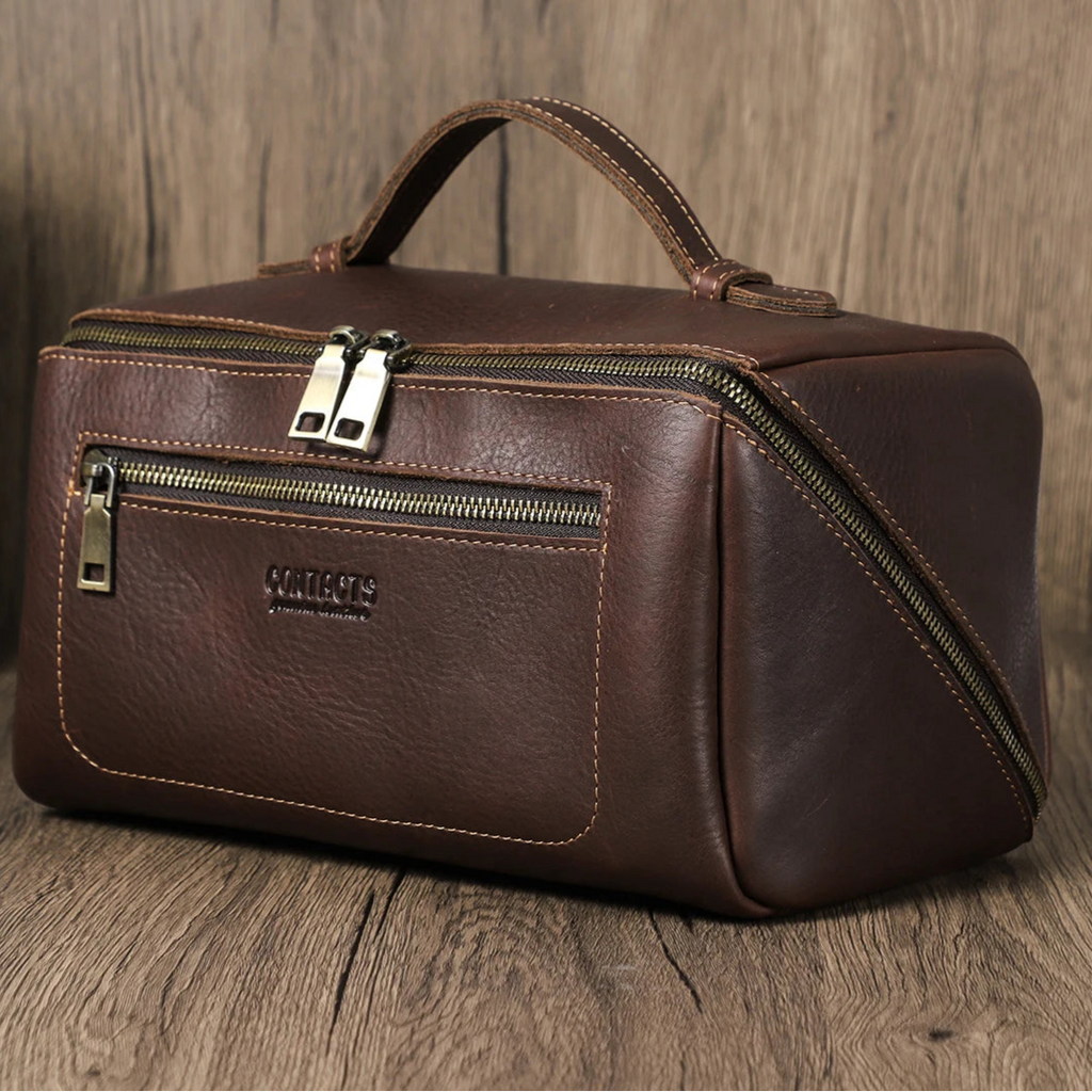 Leather travel toiletry bag