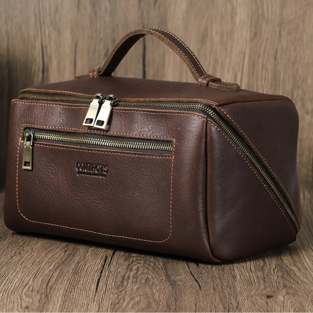 Leather travel toiletry bag