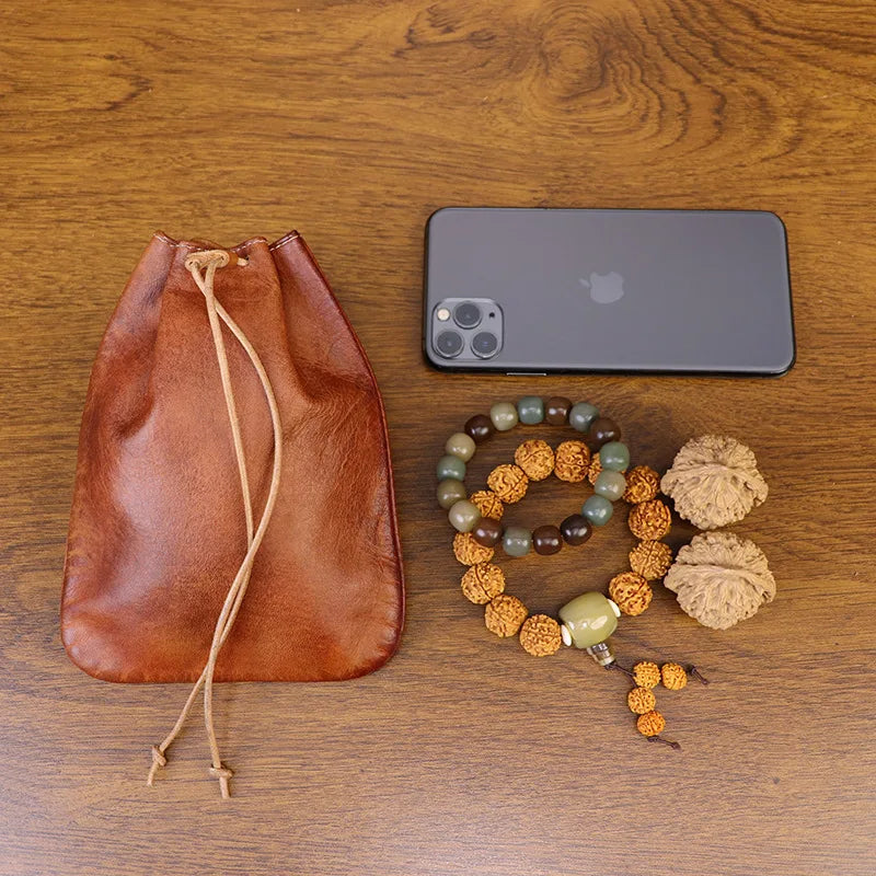 Leather coin pouch drawstring clutch