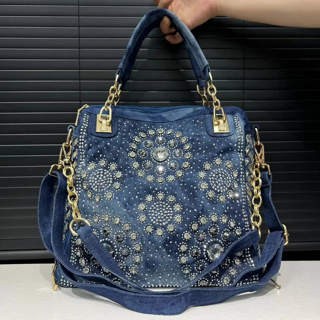 Elegant floral embroidered denim handbag with chain handle