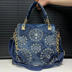 Elegant floral embroidered denim handbag with chain handle