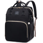 Black diaper backpack with built-in bed