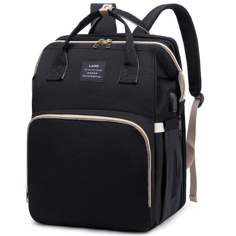 Black diaper backpack with built-in bed