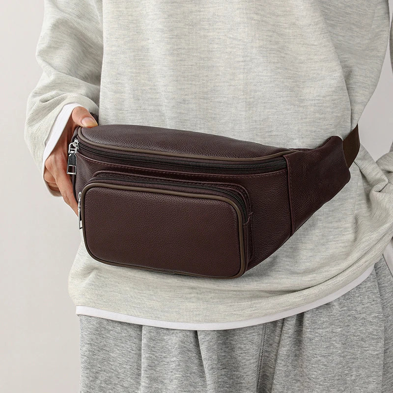 Large capacity leather bum bag for men