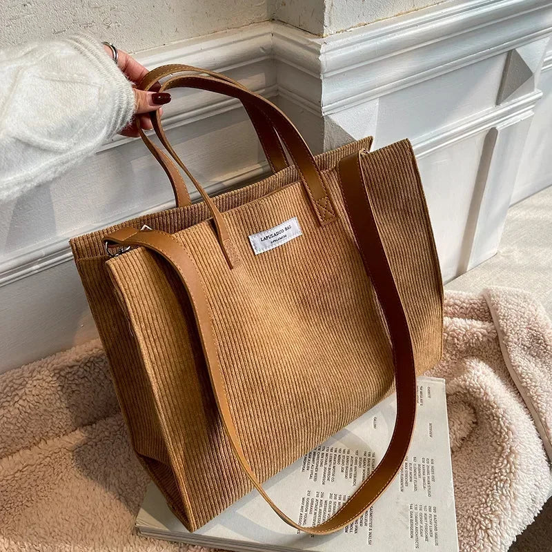 Elegant corduroy tote bag with leather handles