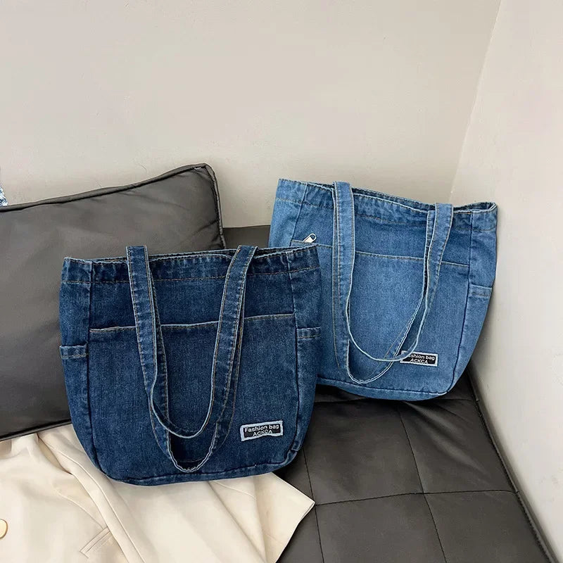 Denim tote bag with soft handles