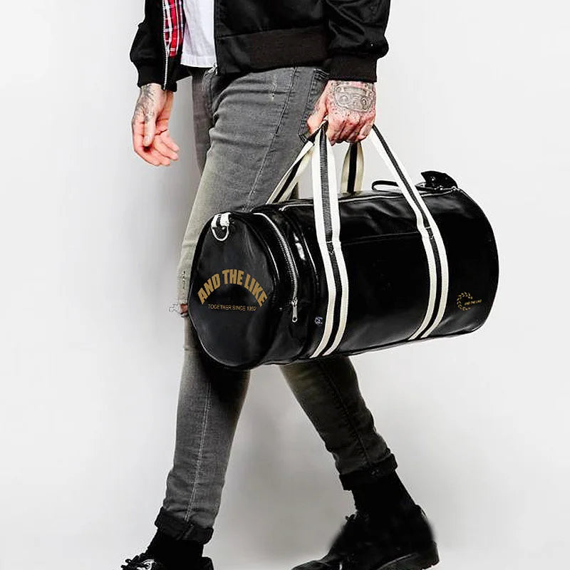 Two-tone leather overnight duffle bag