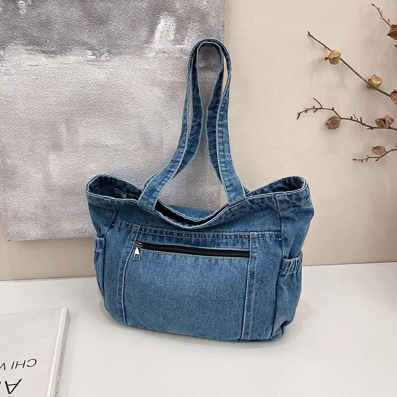 Denim tote bag with front pocket