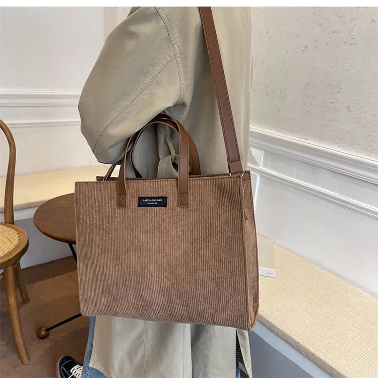 Elegant corduroy tote bag with leather handles