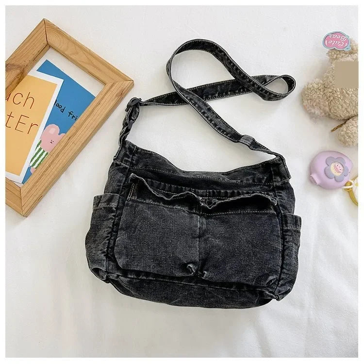 Denim top-handle handbag