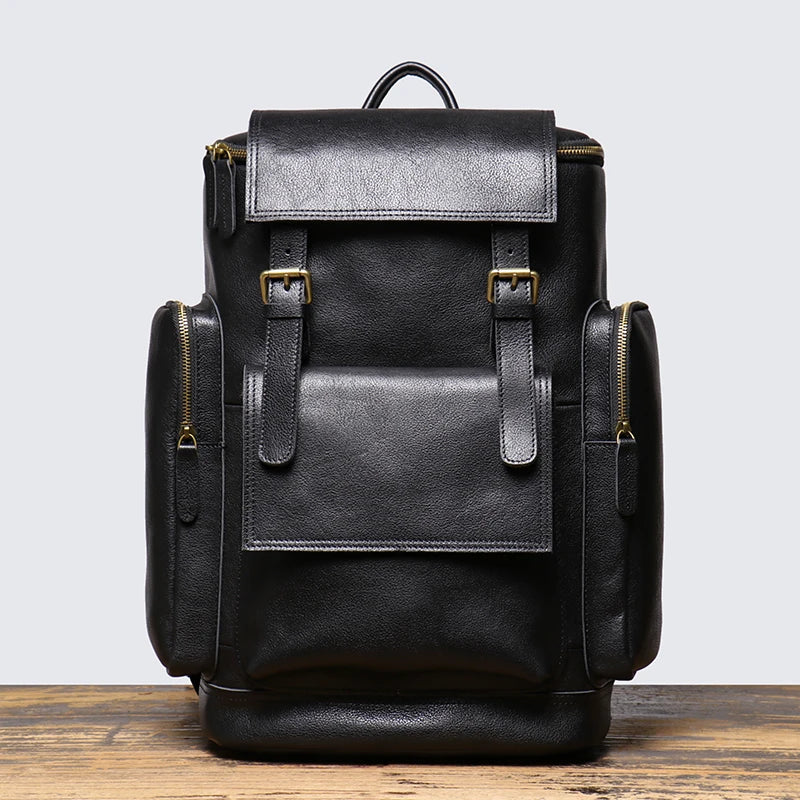 Tall leather rucksack with top flap