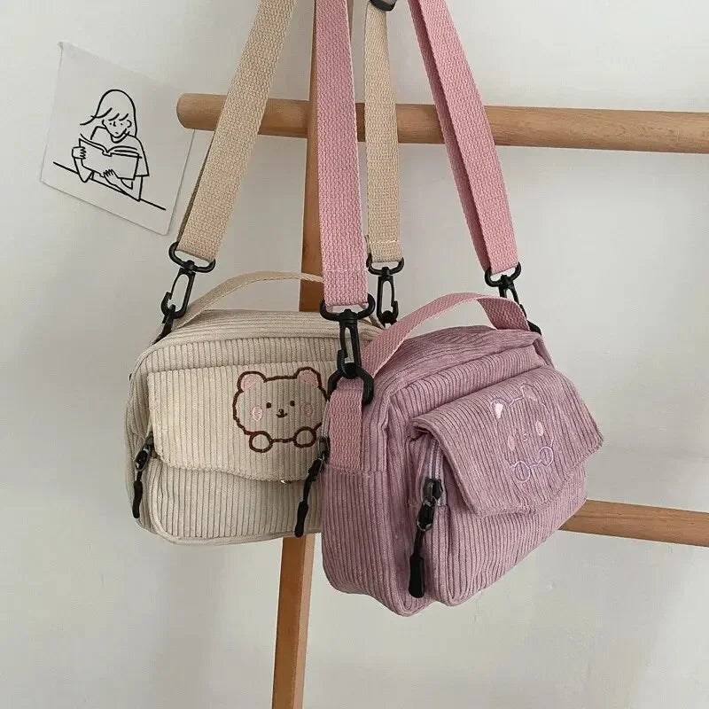 Mini bear corduroy handbag set in pastel colors