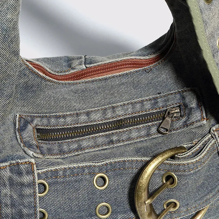Distressed denim crossbody handbag with double zip
