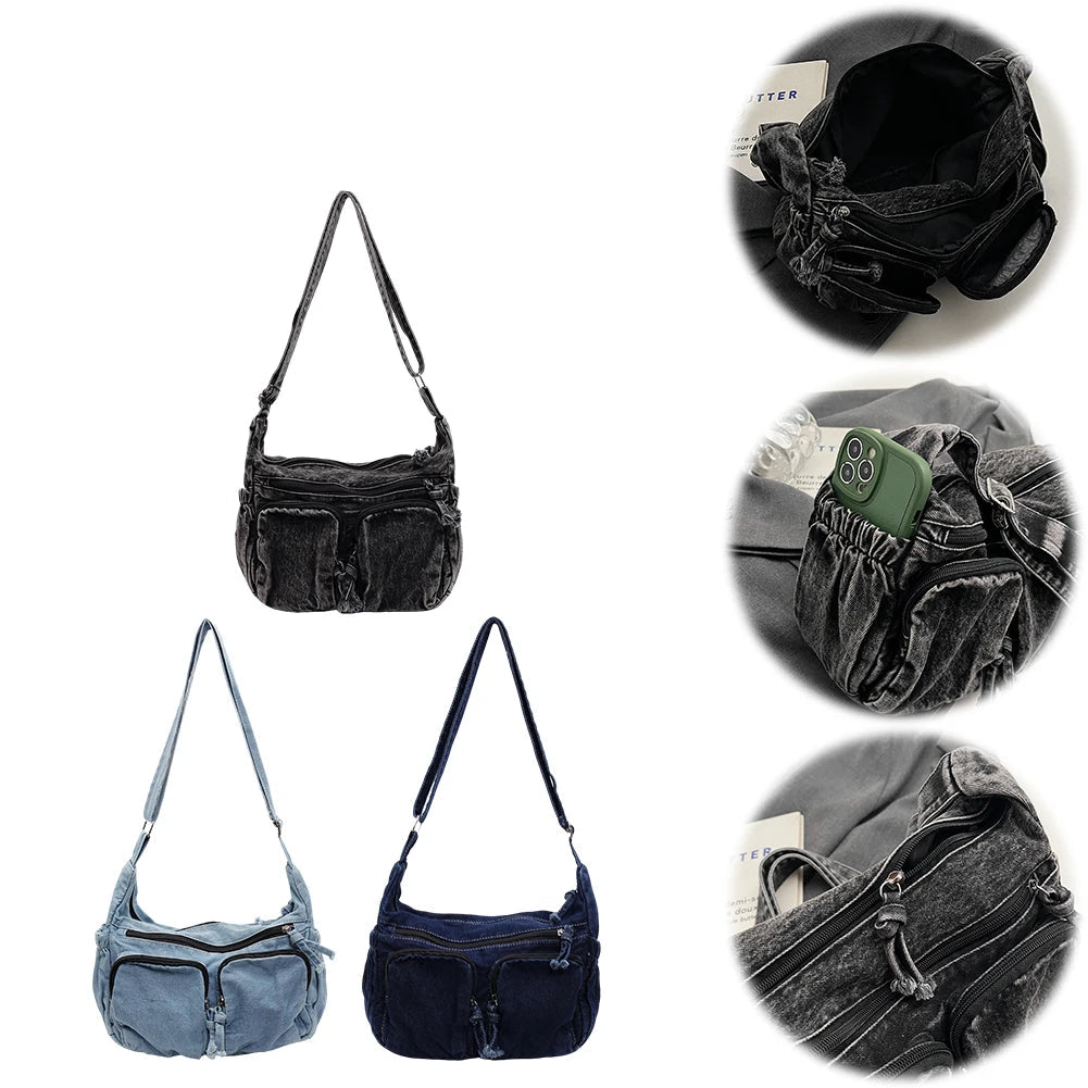 Denim shoulder bag with front pockets and buckle strap