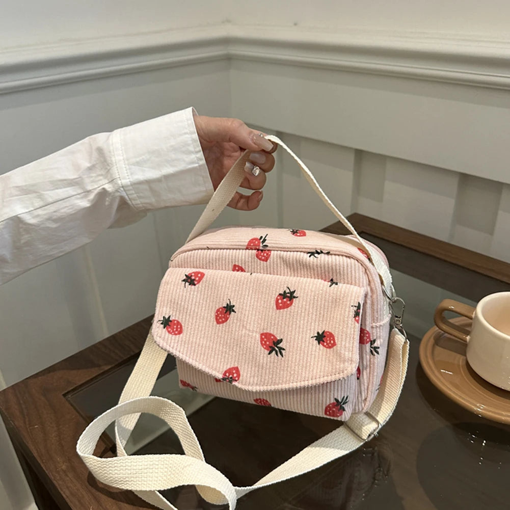Stawberry corduroy handbag with top handle