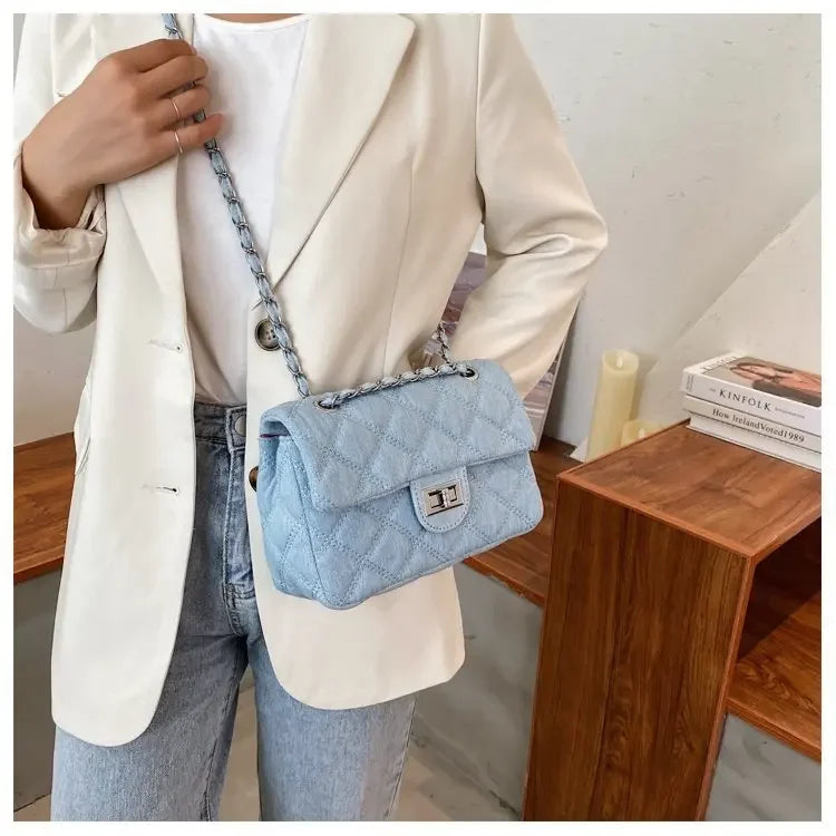 Compact flap denim handbag
