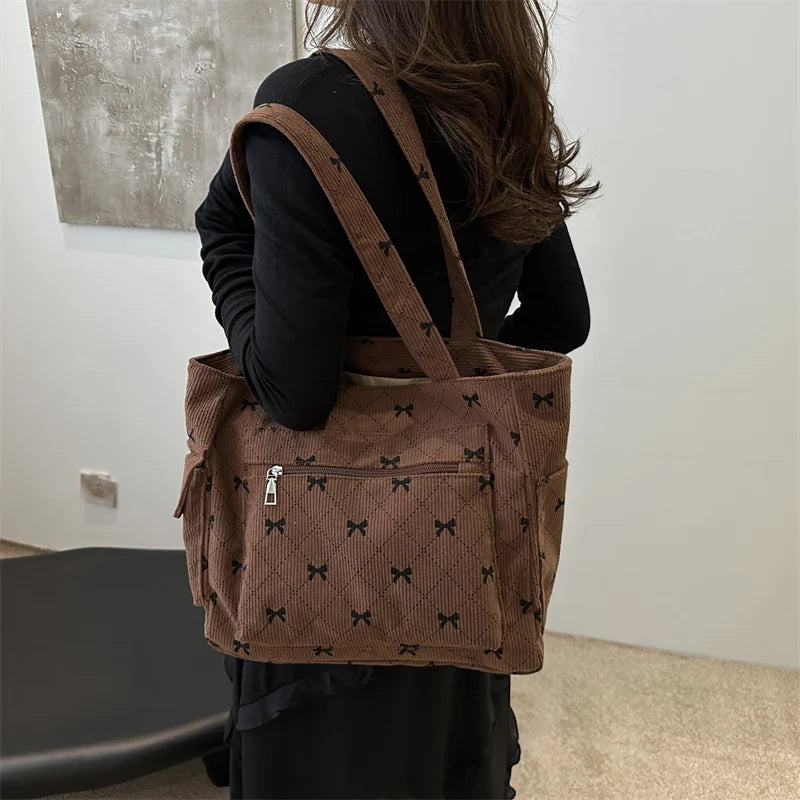 Bow pattern corduroy tote bag for women