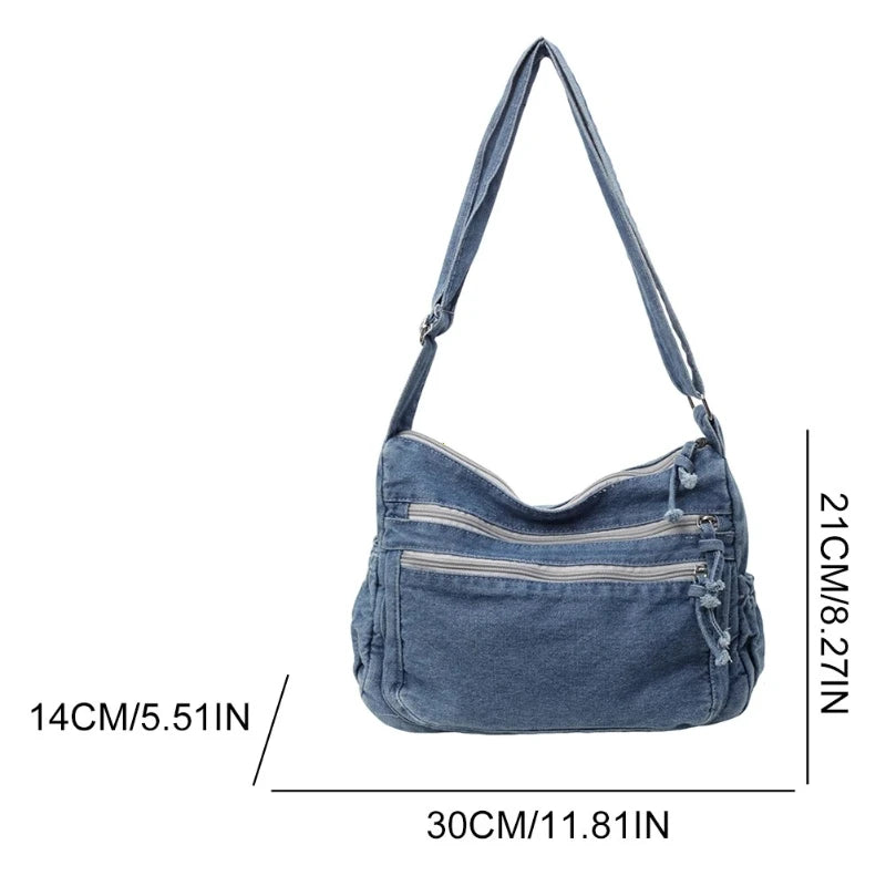Multi-pockets denim shoulder bag for women