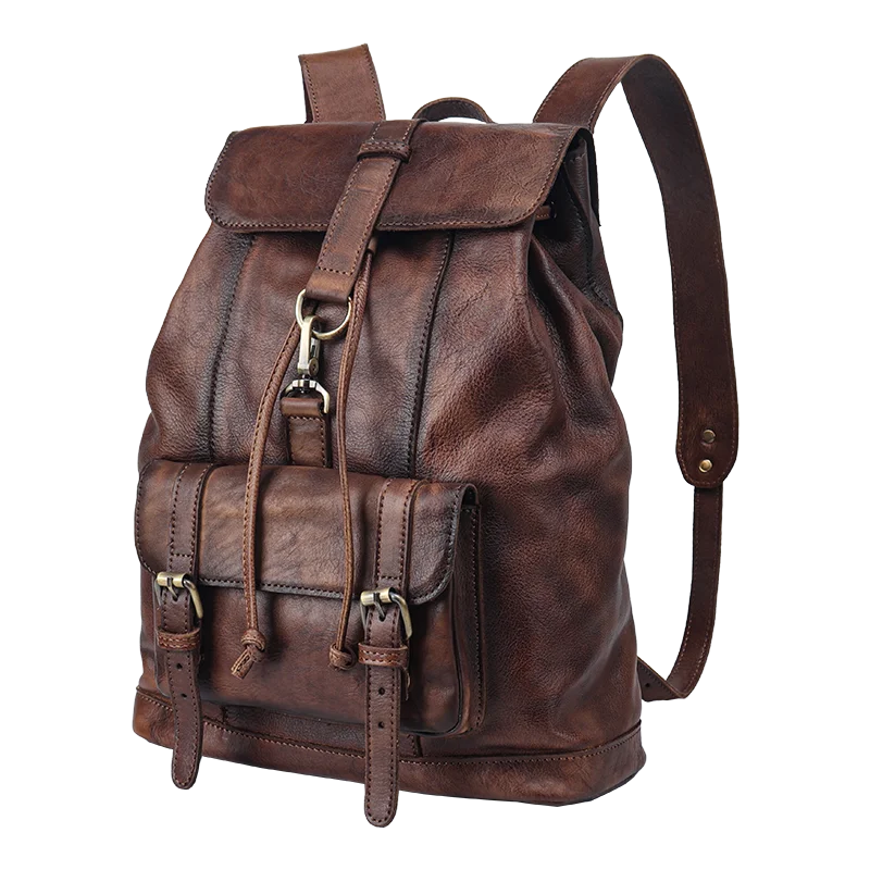 Retro leather rucksack with drawstring closure