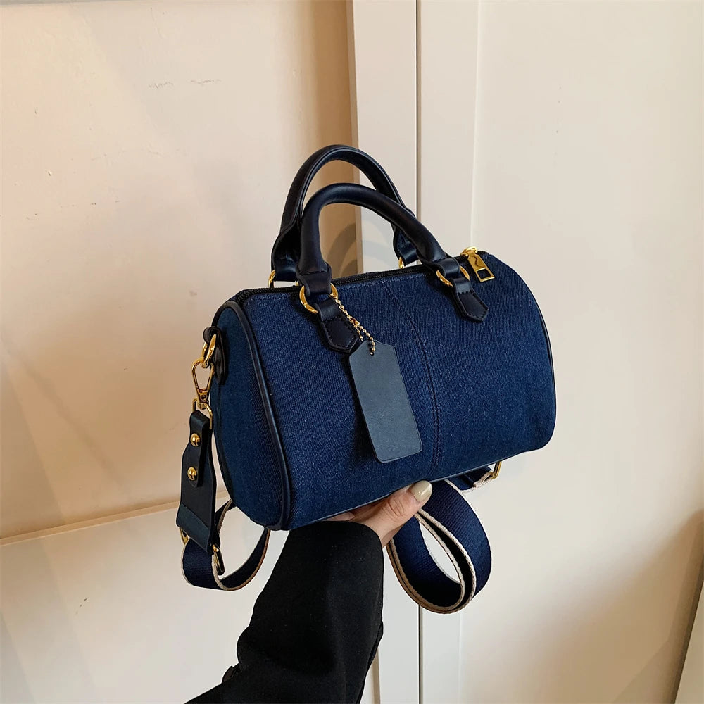 Retro large strap denim shoulder handbag