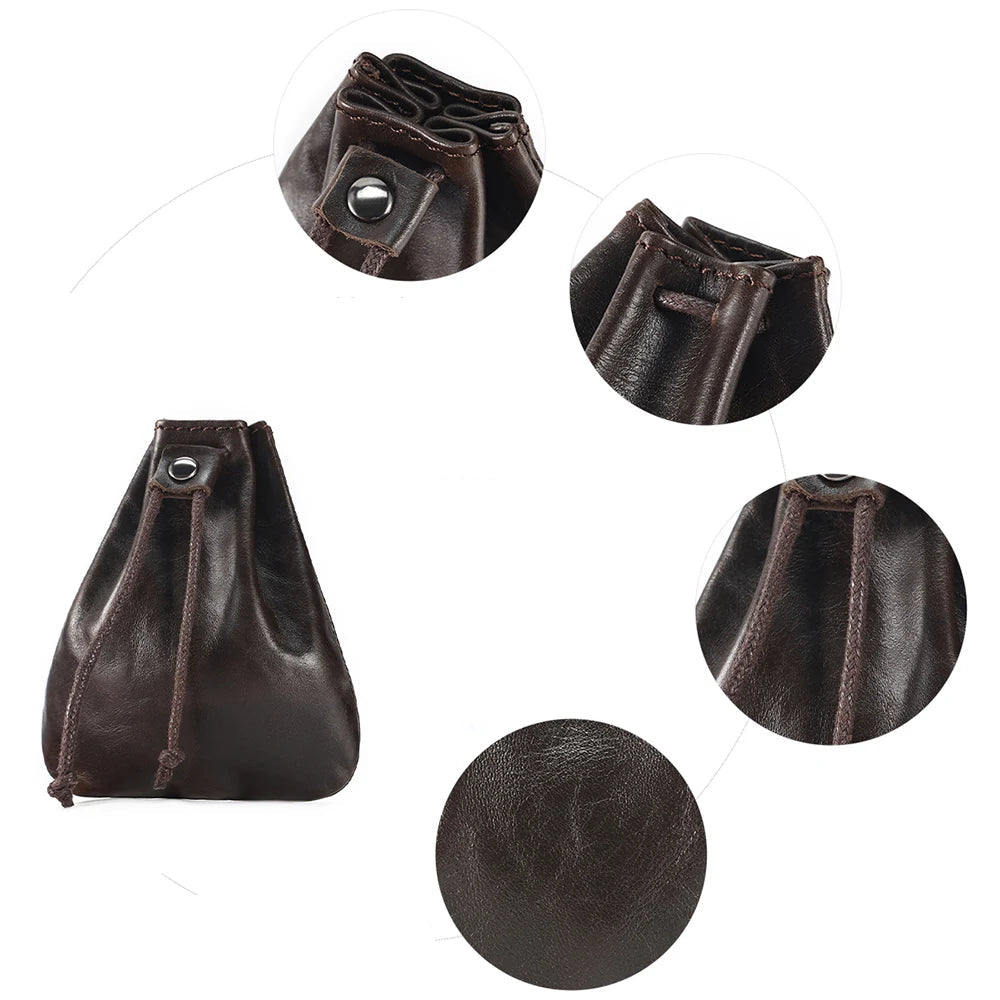 Compact drawstring pouch in leather