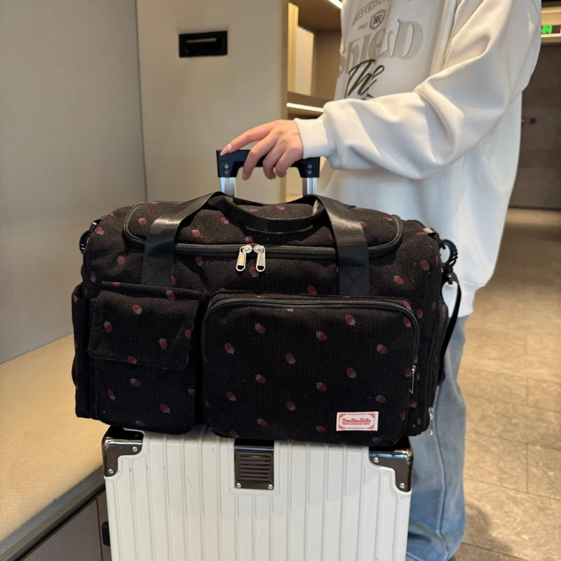 Corduroy travel toiletry bag with shoulder strap