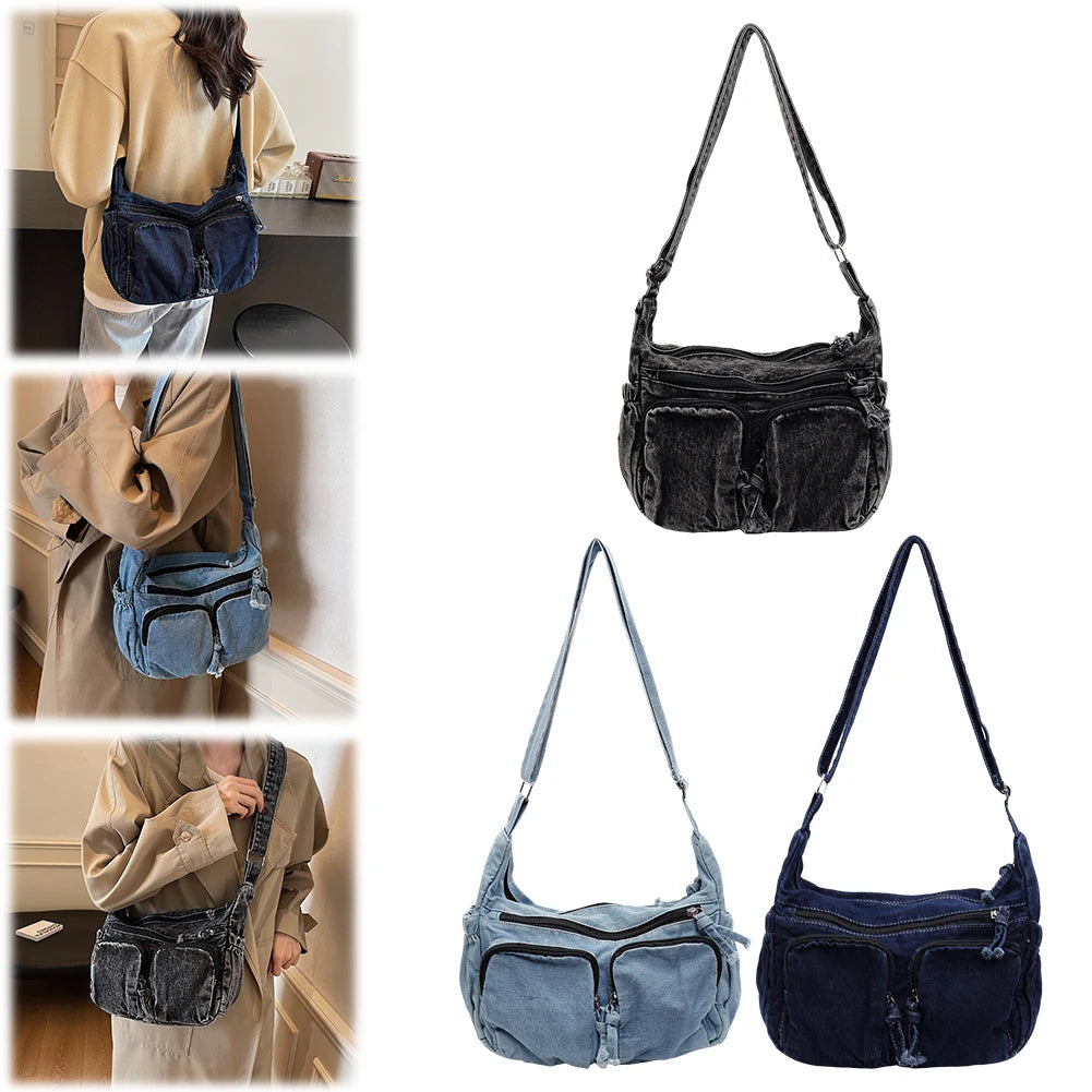 Denim shoulder bag with front pockets and buckle strap