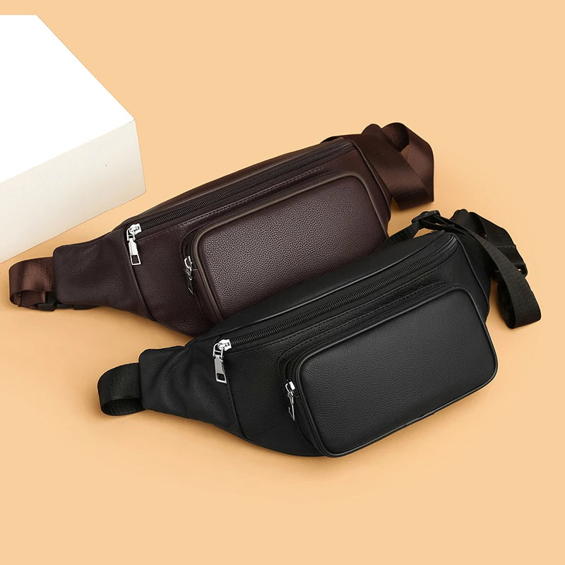 Large capacity leather bum bag for men