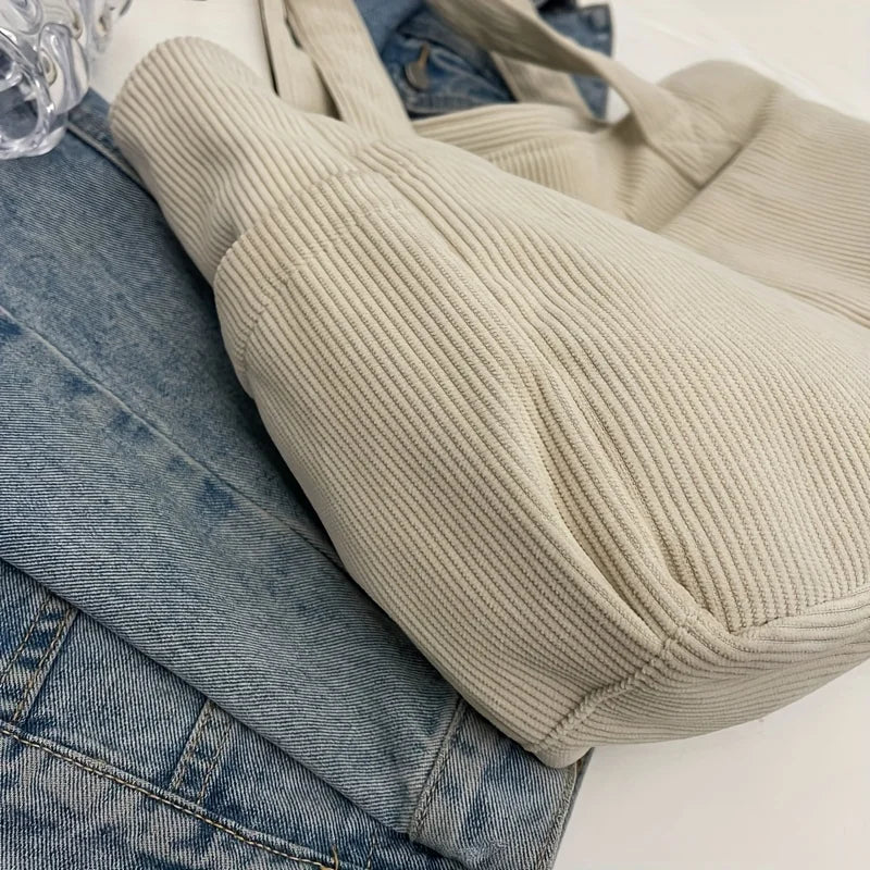 Large corduroy shoulder tote bag with multiple pockets