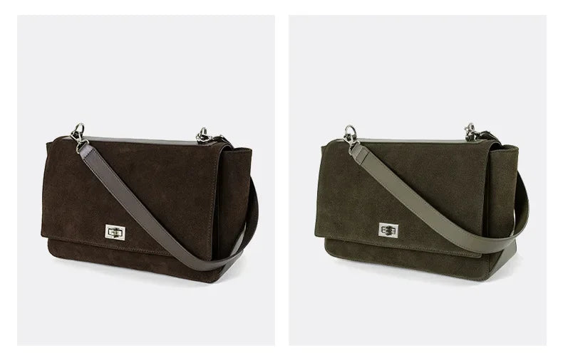 Textured suede handbag with flap closure