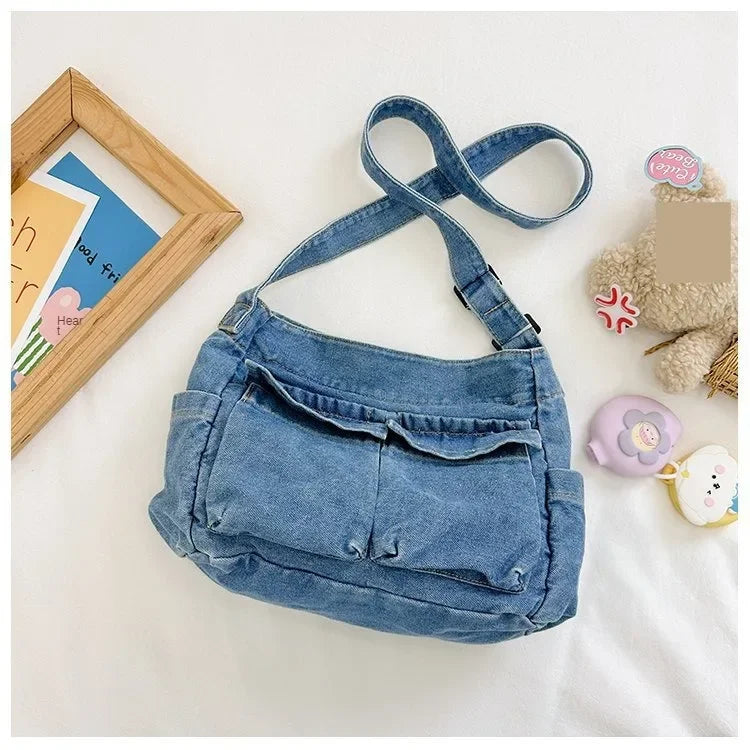 Denim top-handle handbag