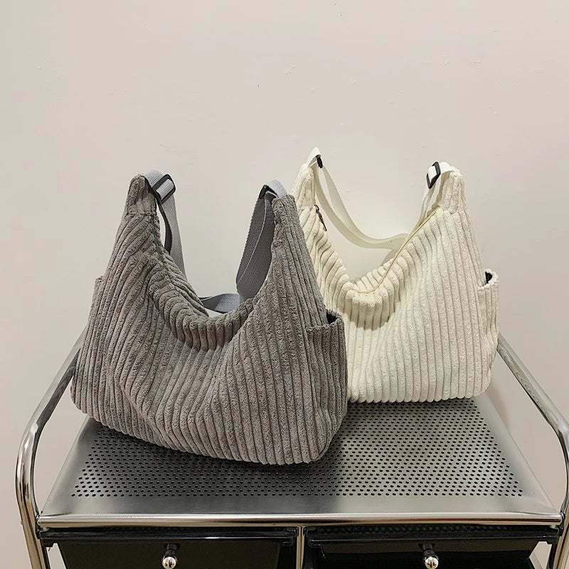 Versatile corduroy handbag with shoulder strap