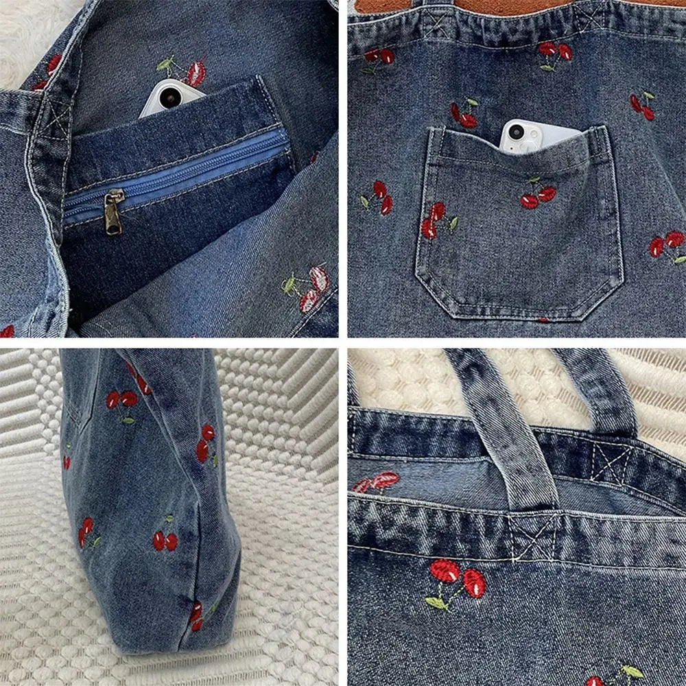 Denim tote bag with embroidery
