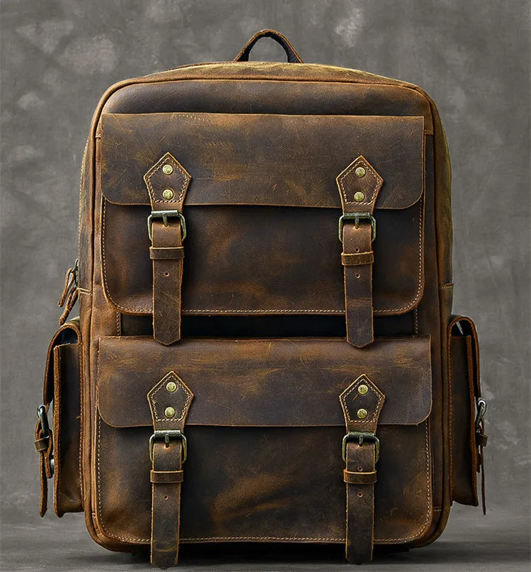 Large leather rucksack with buckles