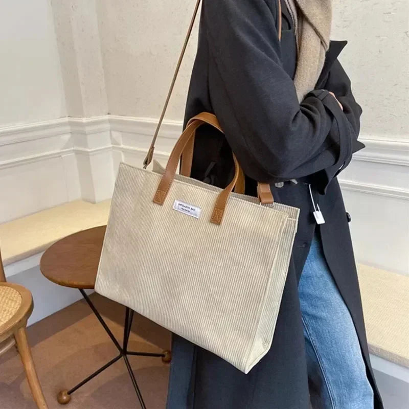 Elegant corduroy tote bag with leather handles